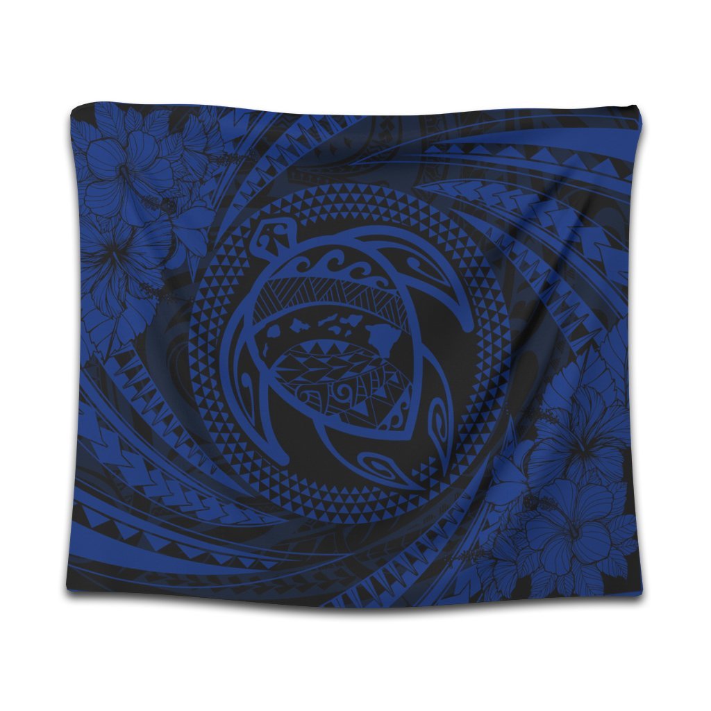 Hawaiian Kanaka Honu Hibiscus Tornando Polynesian Blue Tapestry - AH Wall Tapestry Black - Polynesian Pride