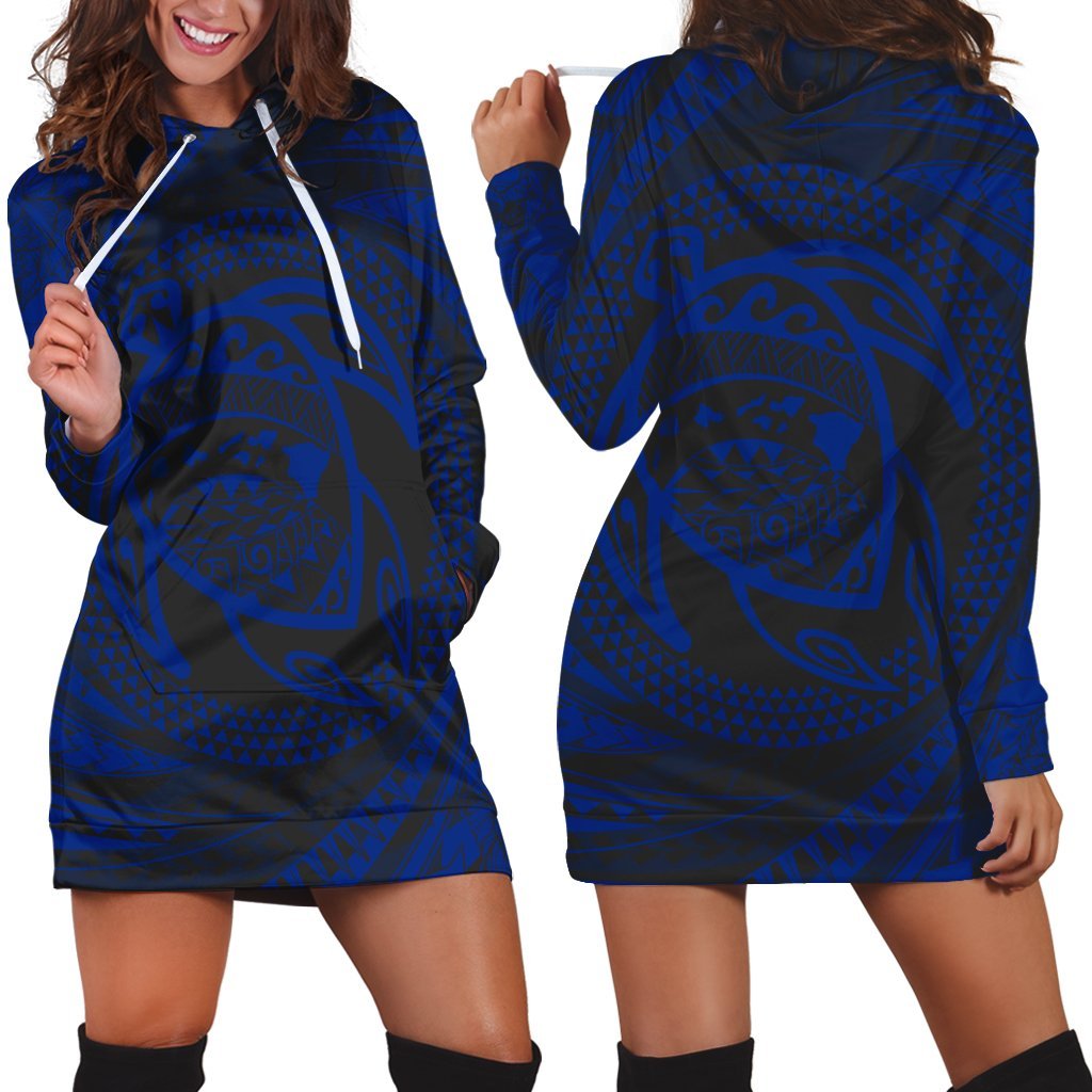 Hawaiian Kanaka Honu Hibiscus Tornando Polynesian Blue Hoodie Dress - AH Black - Polynesian Pride