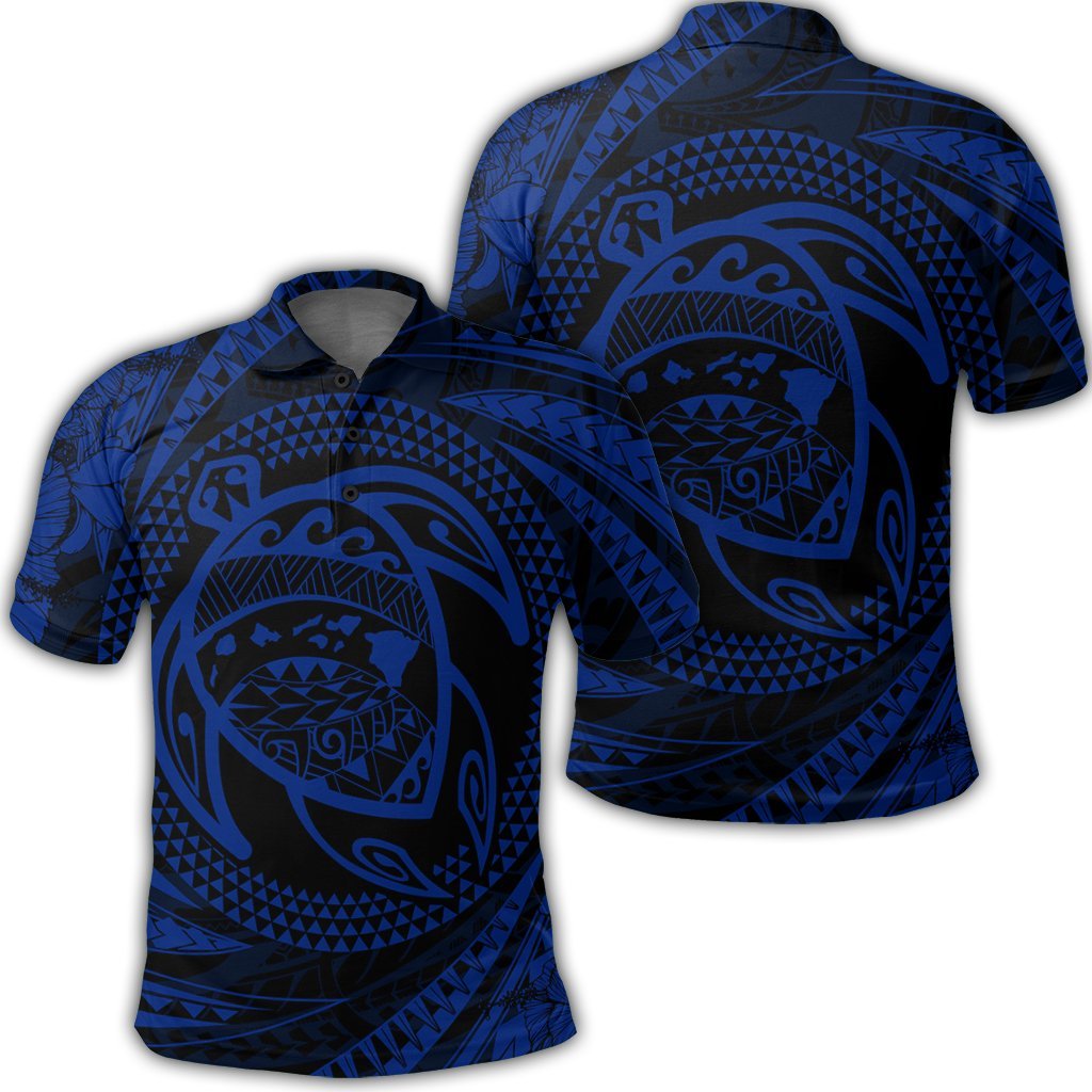 Hawaiian Kanaka Honu Hibiscus Tornando Polynesian Blue Polo Shirt Unisex Black - Polynesian Pride