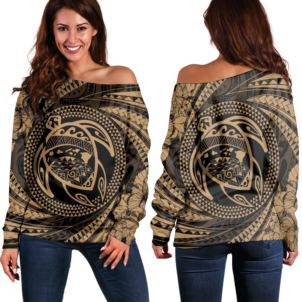 Hawaiian Kanaka Honu Hibiscus Tornando Polynesian Gold Women's Off Shoulder Sweater - AH Black - Polynesian Pride