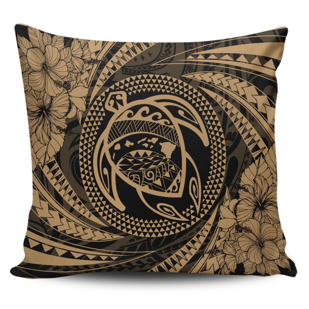 Hawaiian Kanaka Honu Hibiscus Tornando Polynesian Gold Pillow Covers - AH Pillow Covers Black - Polynesian Pride