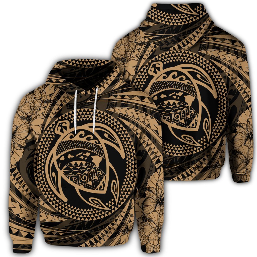 Hawaiian Kanaka Honu Hibiscus Tornando Polynesian Gold Hoodie Unisex Art - Polynesian Pride