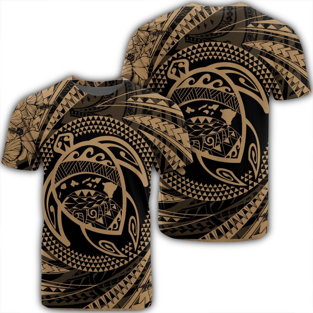 Hawaiian Kanaka Honu Hibiscus Tornando Polynesian Gold T Shirt Unisex Black - Polynesian Pride