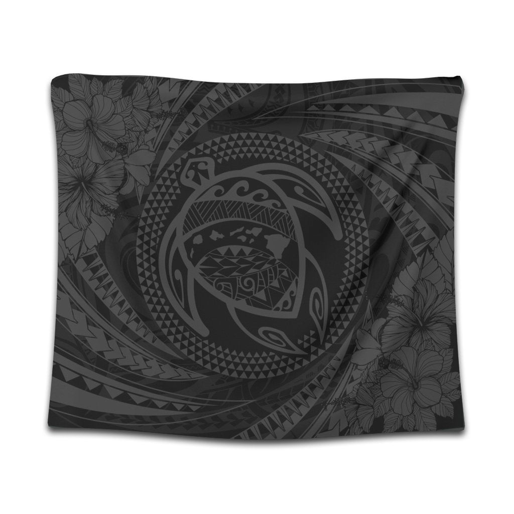 Hawaiian Kanaka Honu Hibiscus Tornando Polynesian Gray Tapestry - AH Wall Tapestry Black - Polynesian Pride