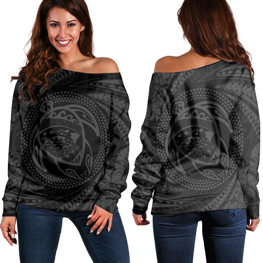 Hawaiian Kanaka Honu Hibiscus Tornando Polynesian Gray Women's Off Shoulder Sweater - AH Black - Polynesian Pride