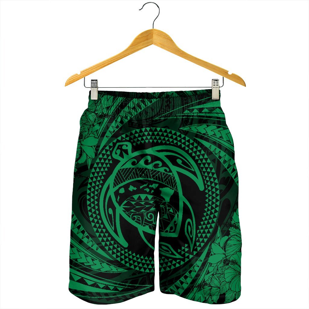 Hawaiian Kanaka Honu Hibiscus Tornando Polynesian Green Men's Shorts - AH - Polynesian Pride