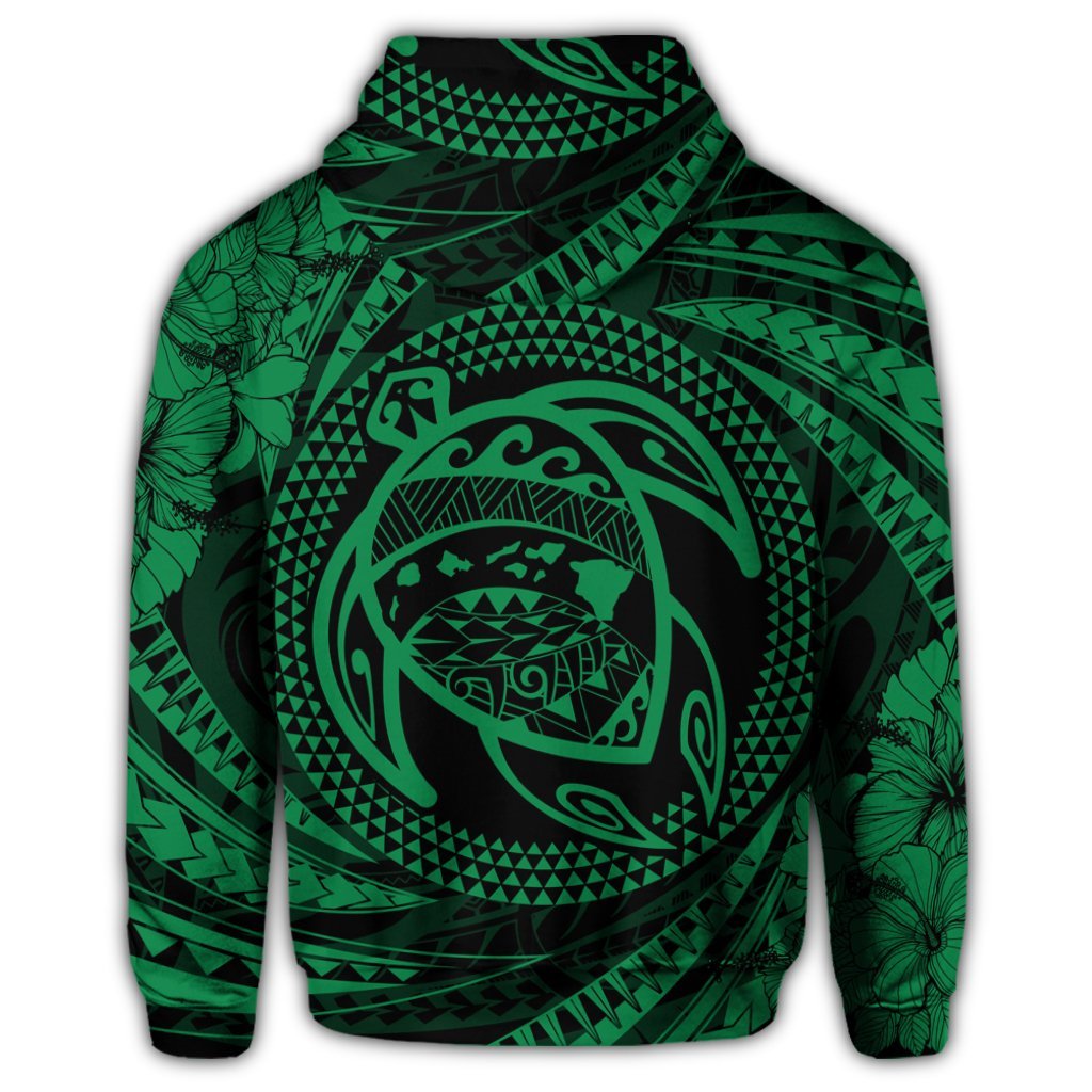 Hawaiian Kanaka Honu Hibiscus Tornando Polynesian Green Hoodie - Polynesian Pride