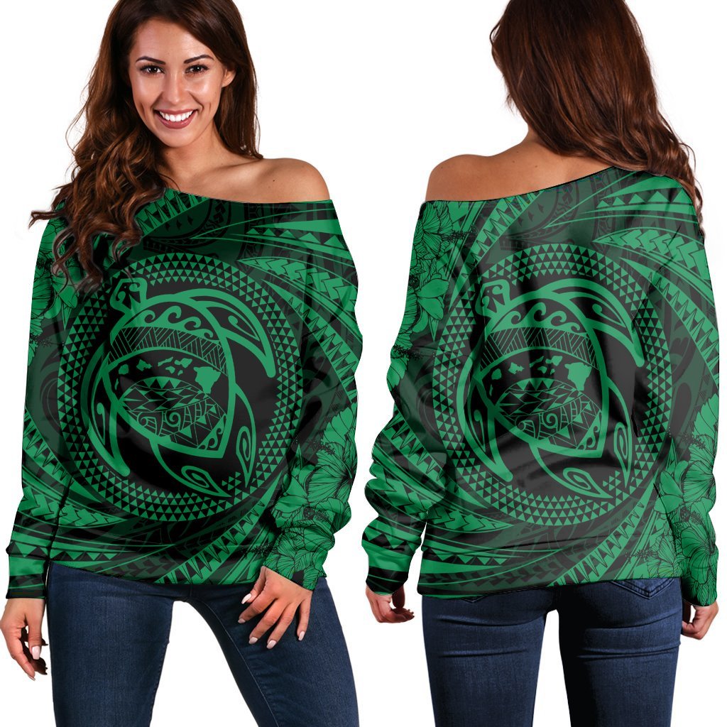 Hawaiian Kanaka Honu Hibiscus Tornando Polynesian Green Women's Off Shoulder Sweater - AH Black - Polynesian Pride