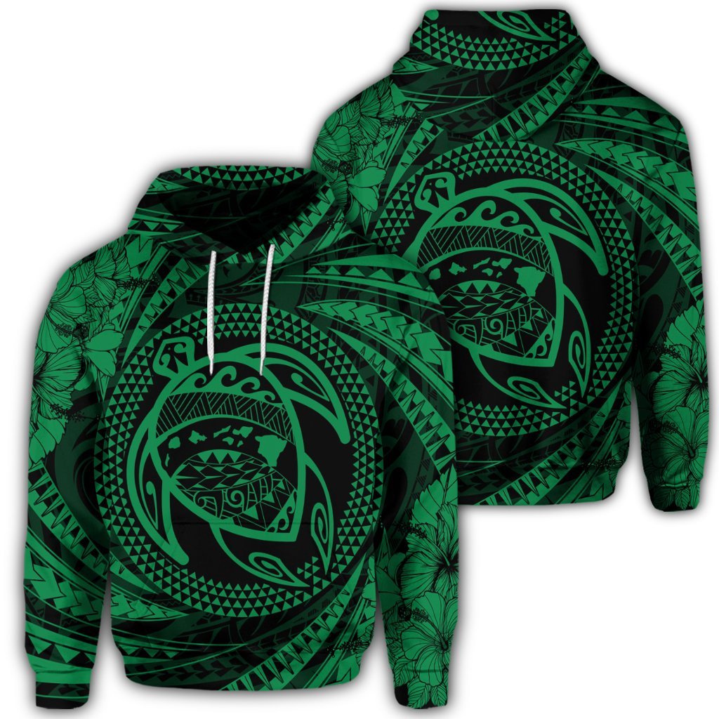 Hawaiian Kanaka Honu Hibiscus Tornando Polynesian Green Hoodie Unisex Art - Polynesian Pride