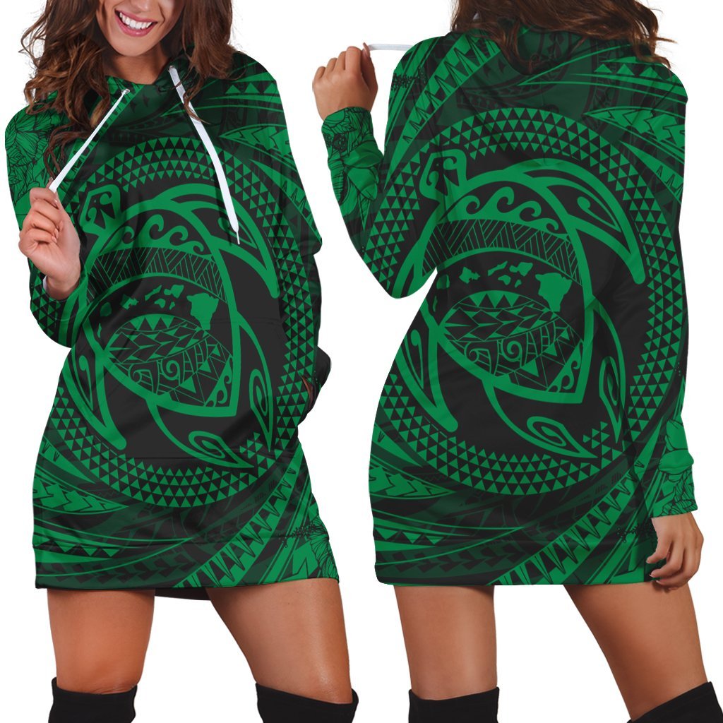 Hawaiian Kanaka Honu Hibiscus Tornando Polynesian Green Hoodie Dress - AH Black - Polynesian Pride