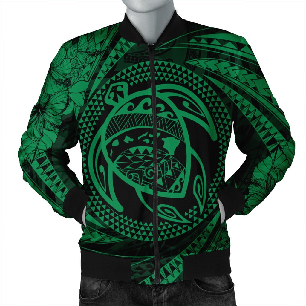 Hawaiian Kanaka Honu Hibiscus Tornando Polynesian Green Bomber Jacket - AH Black Unisex - Polynesian Pride