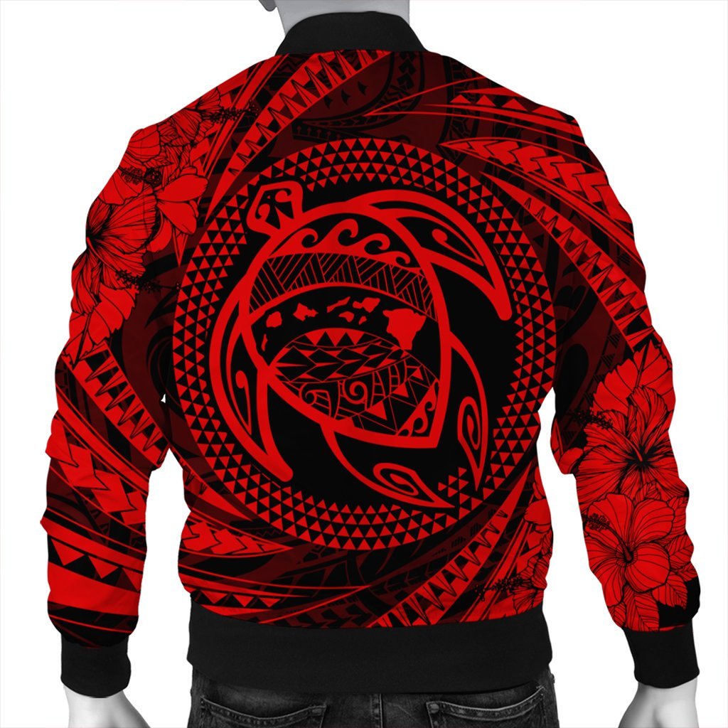 Hawaiian Kanaka Honu Hibiscus Tornando Polynesian Red Bomber Jacket - AH - Polynesian Pride