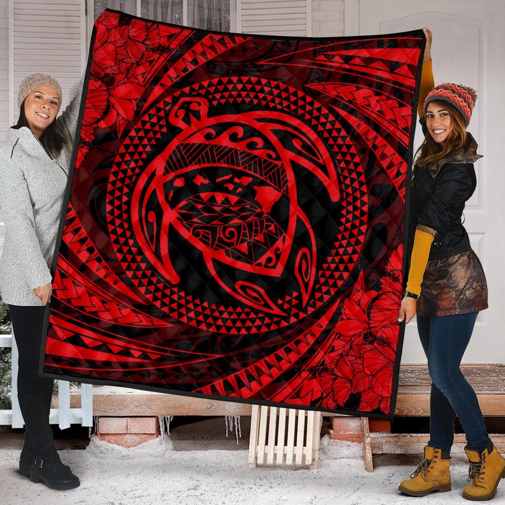 Hawaiian Kanaka Honu Hibiscus Tornando Polynesian Red Premium Quilts - AH - Polynesian Pride