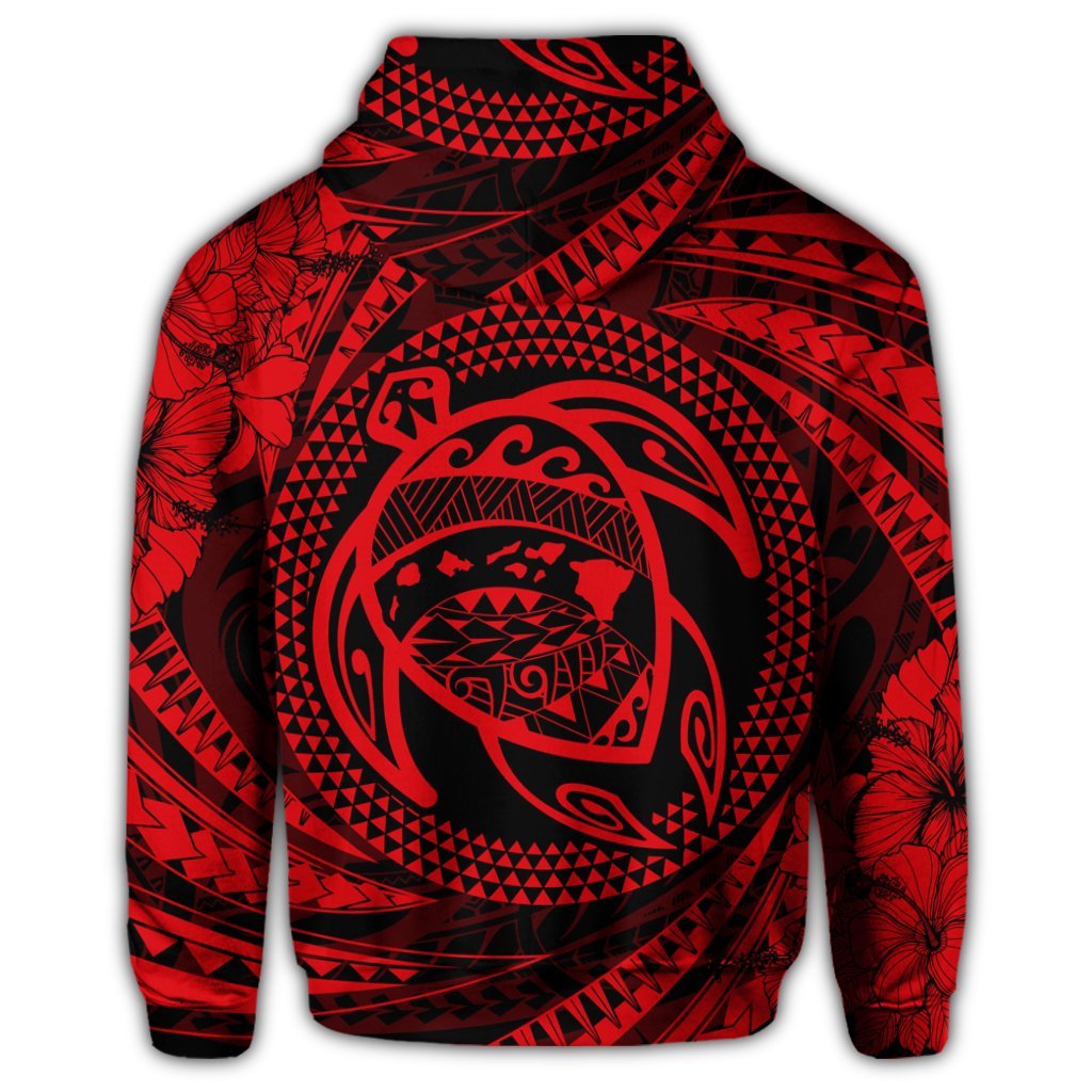 Hawaiian Kanaka Honu Hibiscus Tornando Polynesian Red Zip Hoodie - Polynesian Pride