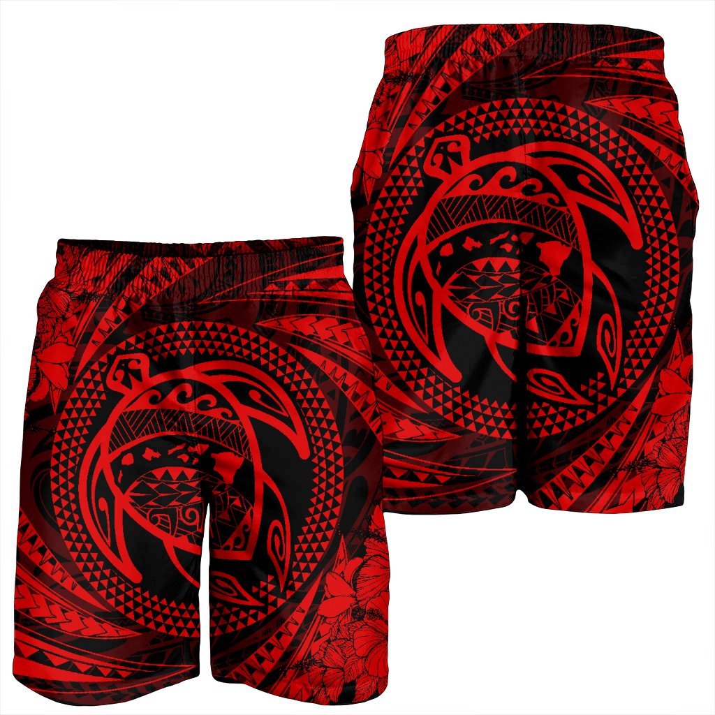 Hawaiian Kanaka Honu Hibiscus Tornando Polynesian Red Men's Shorts - AH - Polynesian Pride