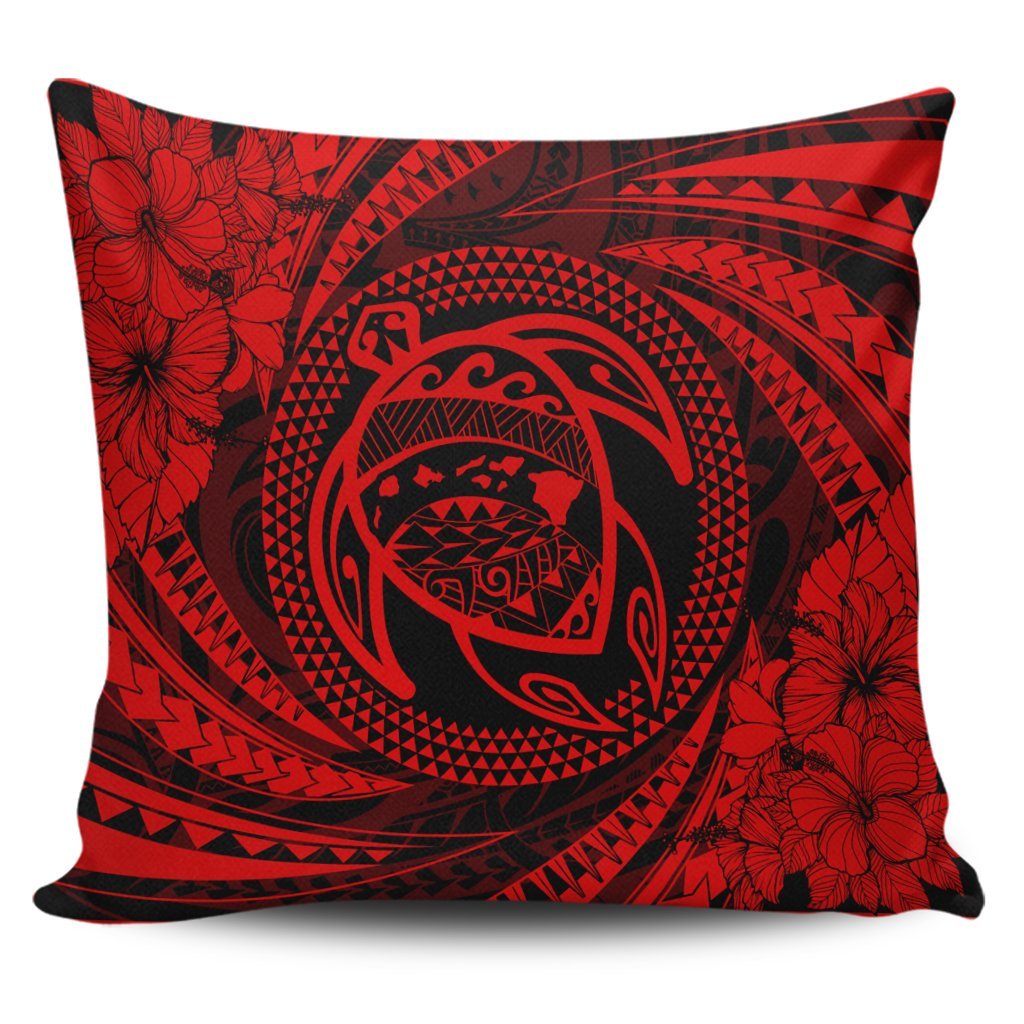 Hawaiian Kanaka Honu Hibiscus Tornando Polynesian Red Pillow Covers - AH Pillow Covers Black - Polynesian Pride