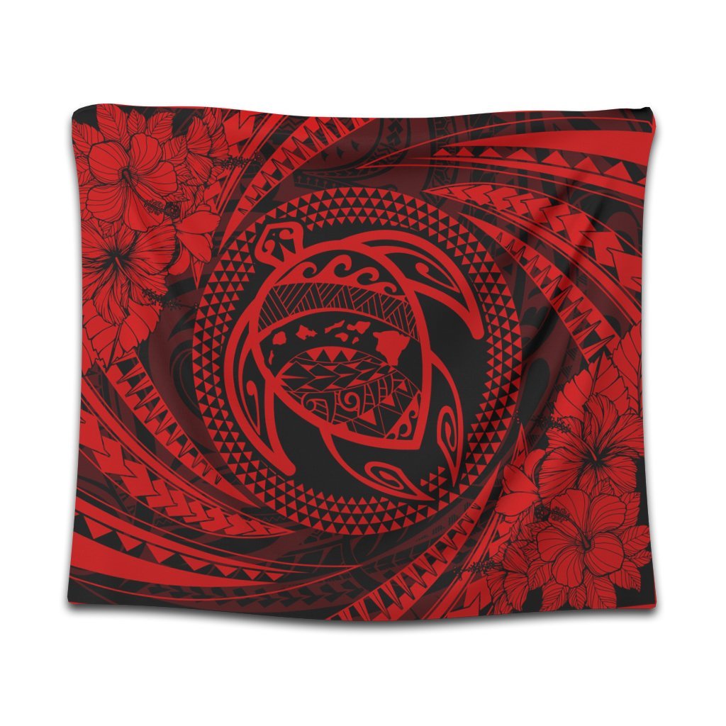 Hawaiian Kanaka Honu Hibiscus Tornando Polynesian Red Tapestry - AH Wall Tapestry Black - Polynesian Pride