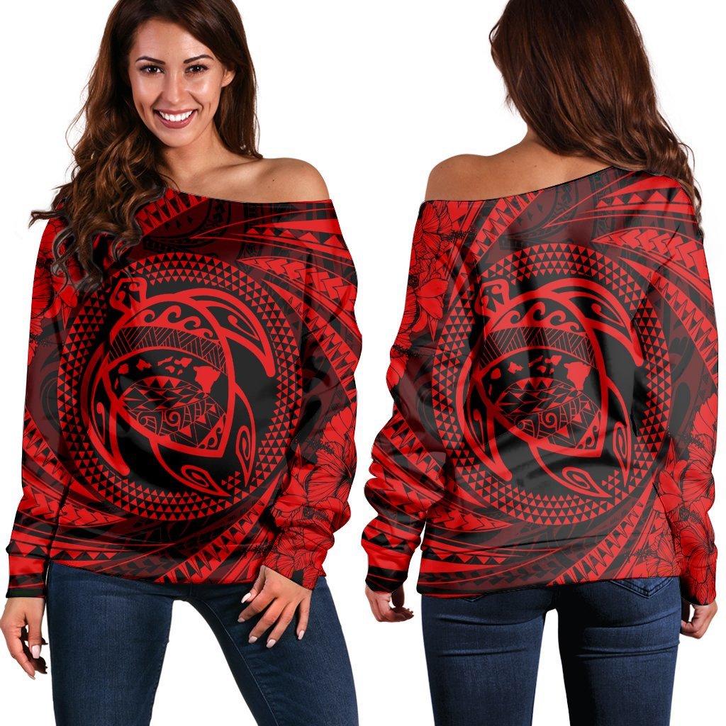 Hawaiian Kanaka Honu Hibiscus Tornando Polynesian Red Women's Off Shoulder Sweater - AH Black - Polynesian Pride