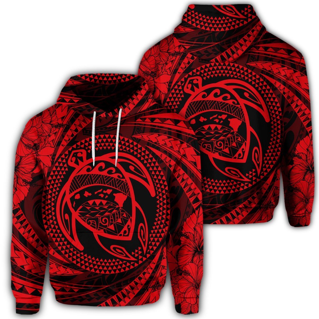 Hawaiian Kanaka Honu Hibiscus Tornando Polynesian Red Hoodie Unisex Art - Polynesian Pride