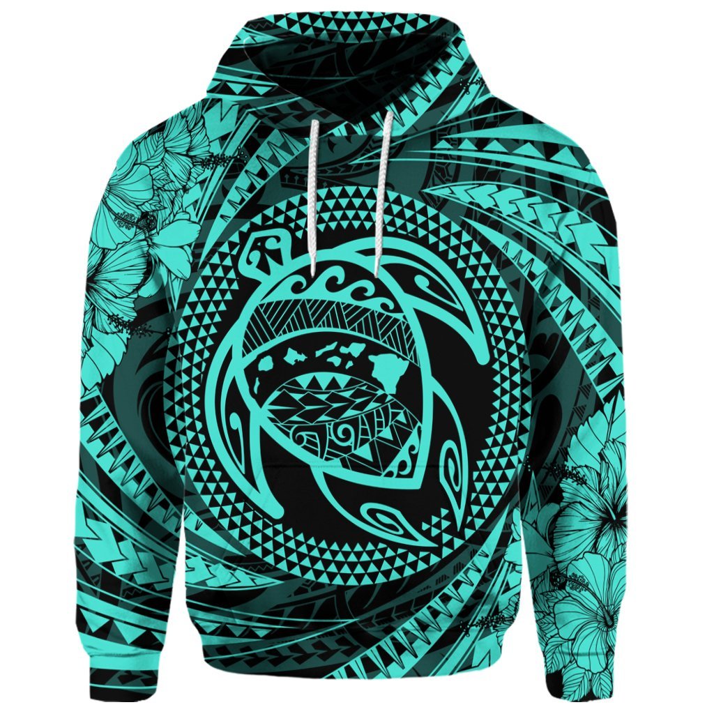 Custom Hawaiian Kanaka Honu Hibiscus Tornando Polynesian Turquoise Hoodie - Polynesian Pride