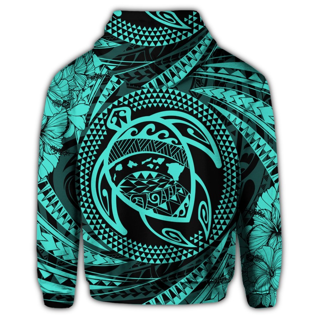 Hawaiian Kanaka Honu Hibiscus Tornando Polynesian Turquoise Zip Hoodie - Polynesian Pride