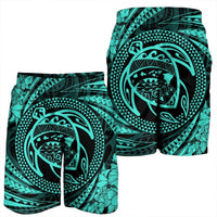 Hawaiian Kanaka Honu Hibiscus Tornando Polynesian Turquoise Men's Shorts - AH - Polynesian Pride