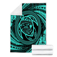 Hawaiian Kanaka Honu Hibiscus Tornando Polynesian Turquoise Premium Blankets - AH - Polynesian Pride