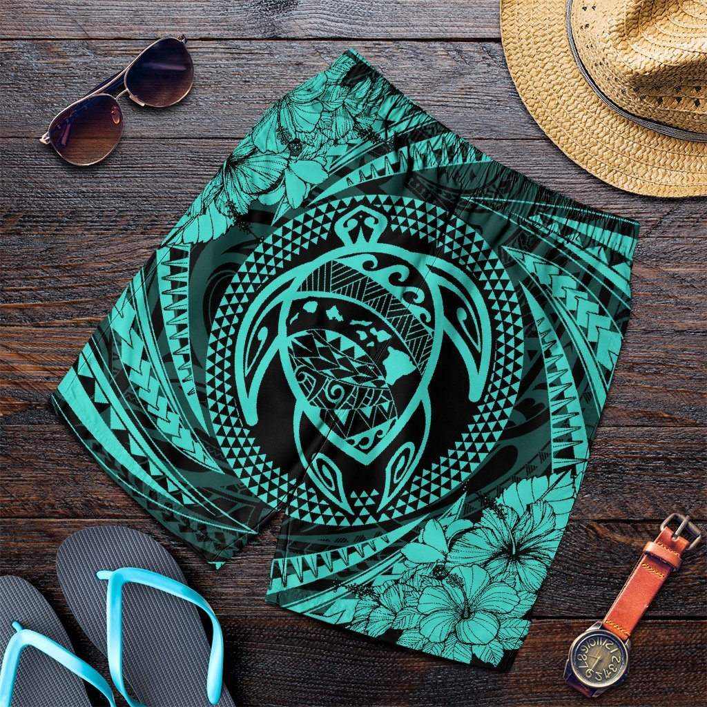 Hawaiian Kanaka Honu Hibiscus Tornando Polynesian Turquoise Men's Shorts - AH Art - Polynesian Pride