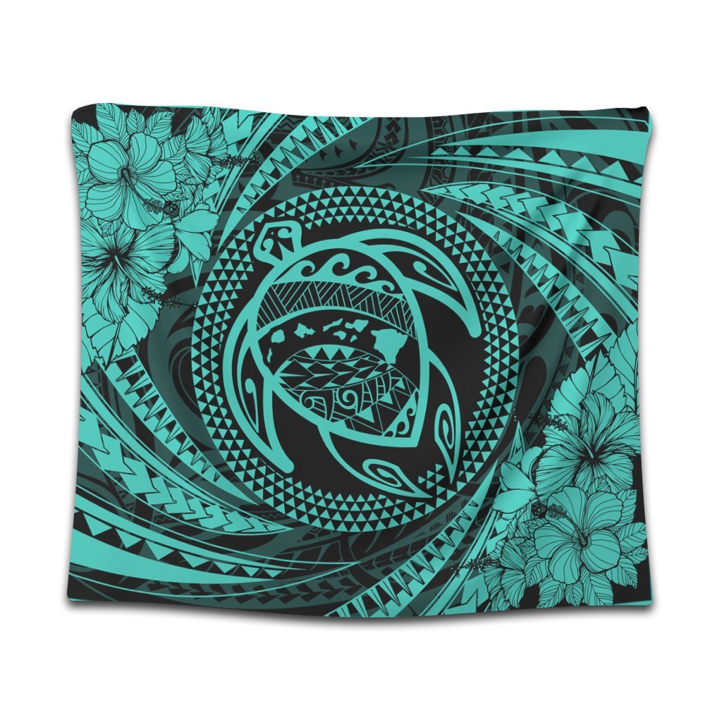 Hawaiian Kanaka Honu Hibiscus Tornando Polynesian Turquoise Tapestry - AH Wall Tapestry Black - Polynesian Pride