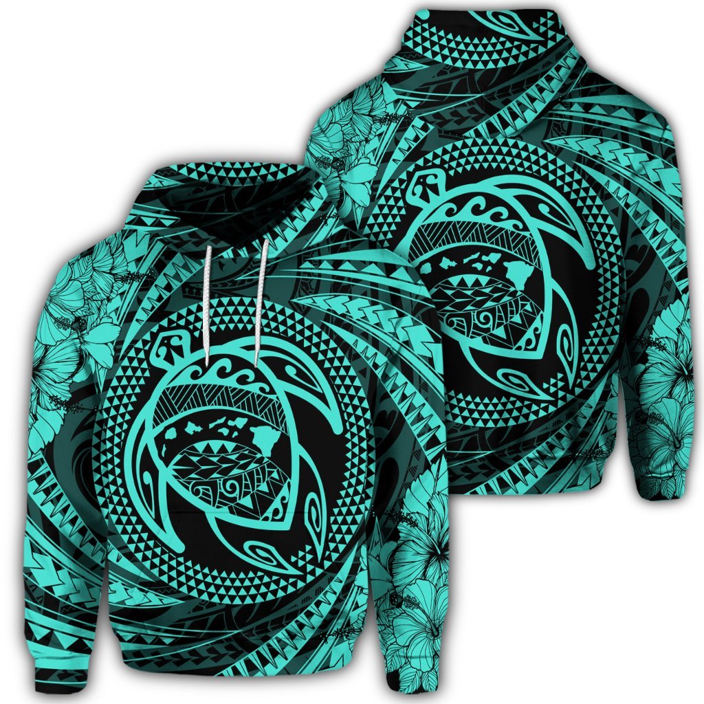 Hawaiian Kanaka Honu Hibiscus Tornando Polynesian Turquoise Hoodie Unisex Art - Polynesian Pride