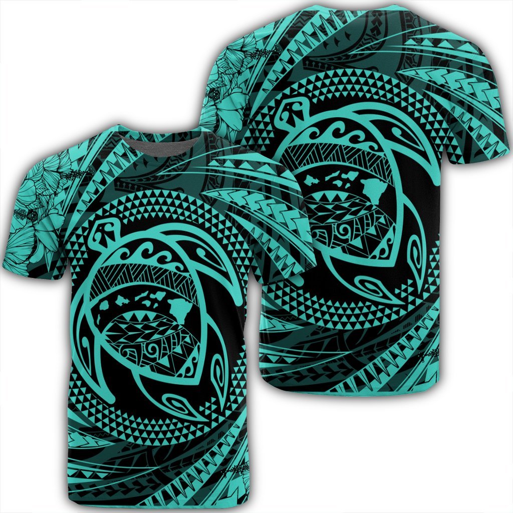 Hawaiian Kanaka Honu Hibiscus Tornando Polynesian Turquoise T Shirt Unisex Black - Polynesian Pride