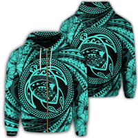 Hawaiian Kanaka Honu Hibiscus Tornando Polynesian Turquoise Zip Hoodie Unisex Art - Polynesian Pride