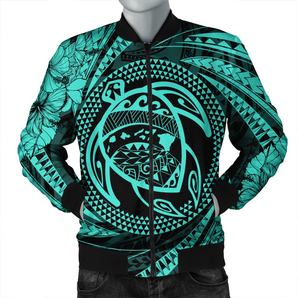 Hawaiian Kanaka Honu Hibiscus Tornando Polynesian Turquoise Bomber Jacket - AH Black Unisex - Polynesian Pride