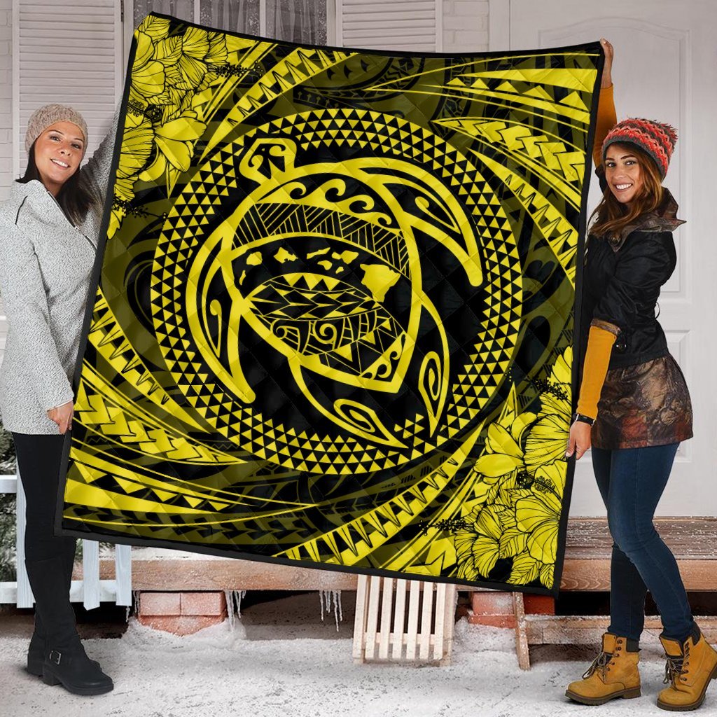 Hawaiian Kanaka Honu Hibiscus Tornando Polynesian Yellow Premium Quilts - AH - Polynesian Pride