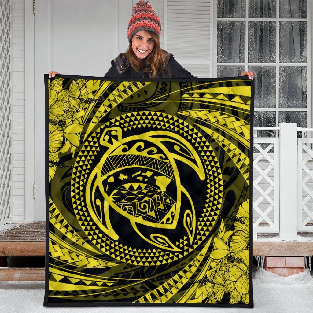 Hawaiian Kanaka Honu Hibiscus Tornando Polynesian Yellow Premium Quilts - AH - Polynesian Pride