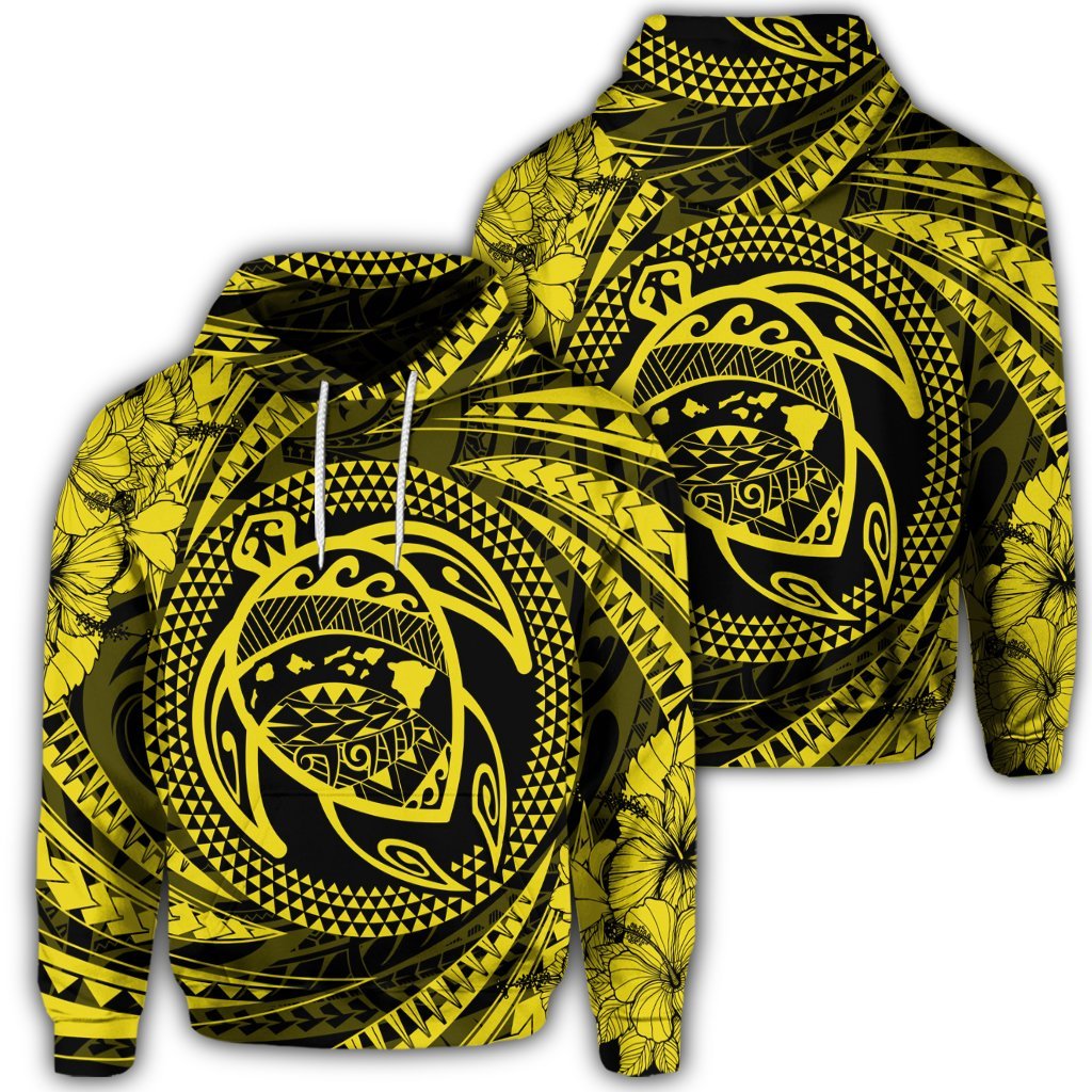 Hawaiian Kanaka Honu Hibiscus Tornando Polynesian Yellow Hoodie Unisex Art - Polynesian Pride