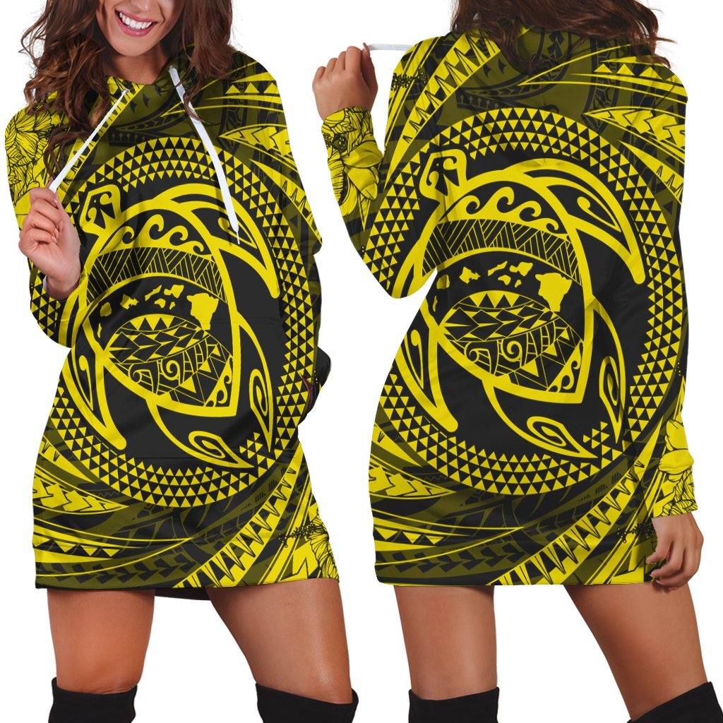 Hawaiian Kanaka Honu Hibiscus Tornando Polynesian Yellow Hoodie Dress - AH Black - Polynesian Pride