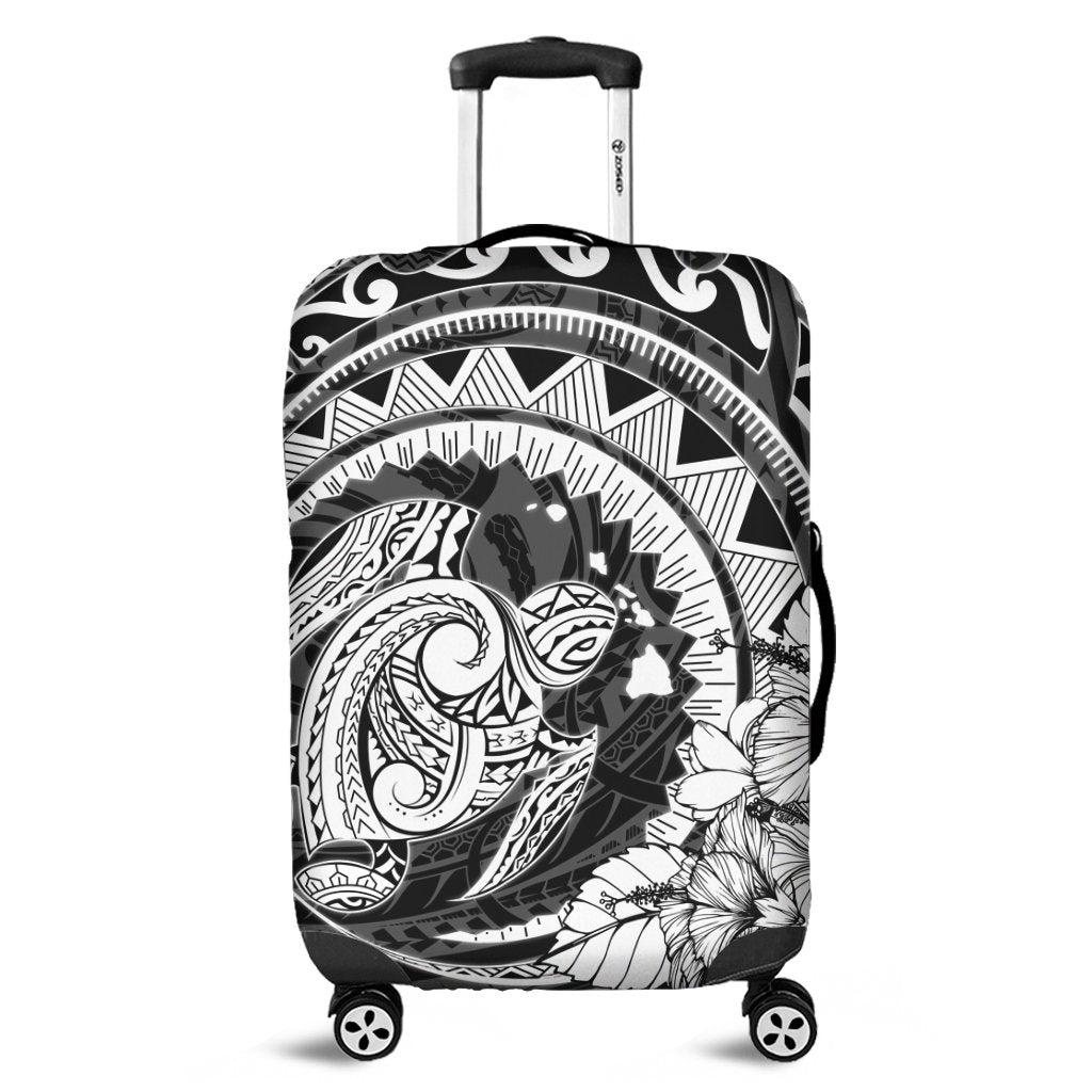 Hawaiian Kanaka Honu Map Hibiscus Globular Polynesian Luggage Covers - AH Black - Polynesian Pride