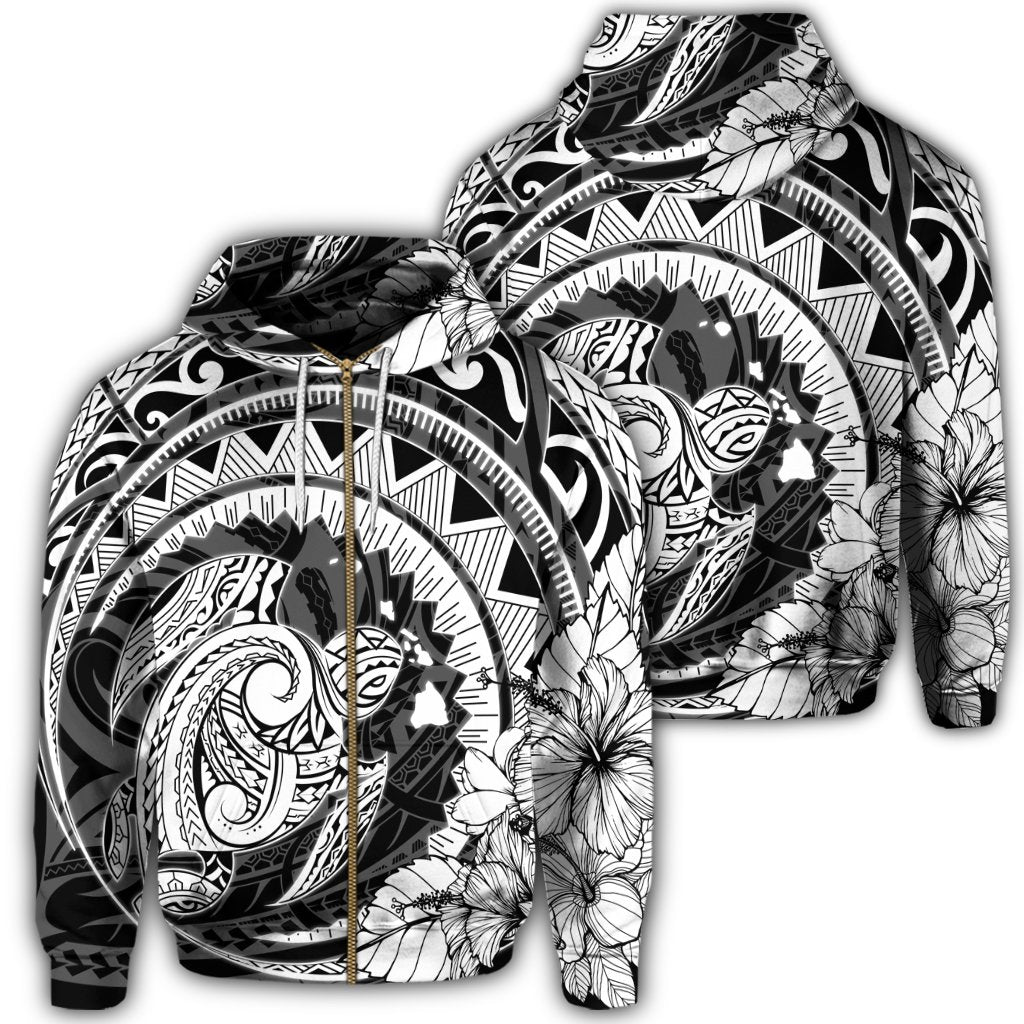 Hawaiian Kanaka Honu Map Hibiscus Globular Polynesian Zip Hoodie Unisex Art - Polynesian Pride