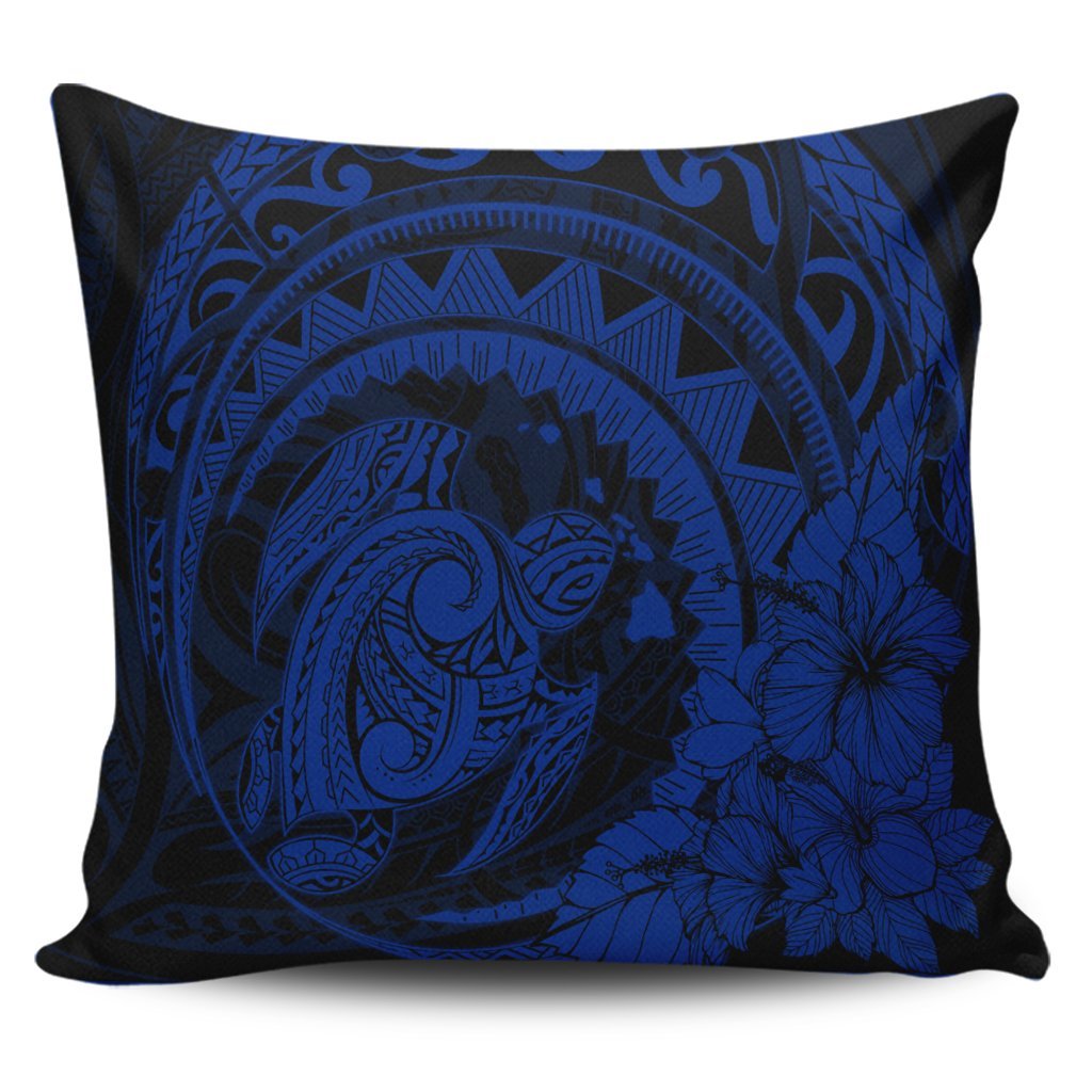 Hawaiian Kanaka Honu Map Hibiscus Globular Polynesian Blue Pillow Covers - AH Pillow Covers Black - Polynesian Pride