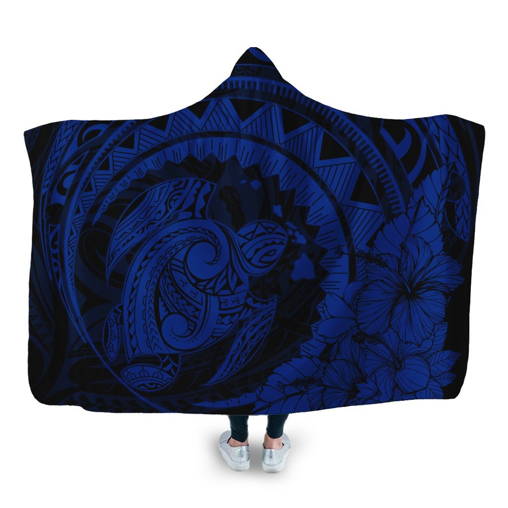 Hawaiian Kanaka Honu Map Hibiscus Globular Polynesian Blue Hooded Blanket - AH Hooded Blanket White - Polynesian Pride