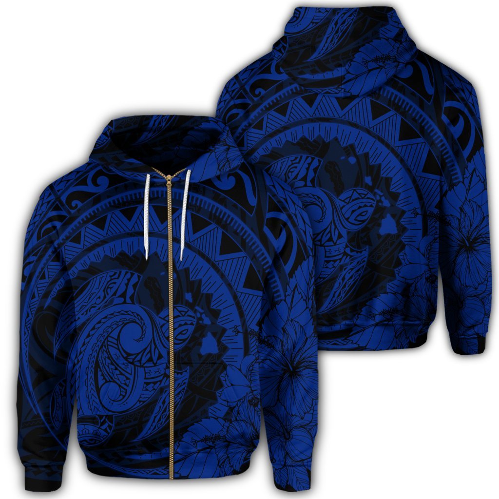 Hawaiian Kanaka Honu Map Hibiscus Globular Polynesian Blue Zip Hoodie Unisex Art - Polynesian Pride