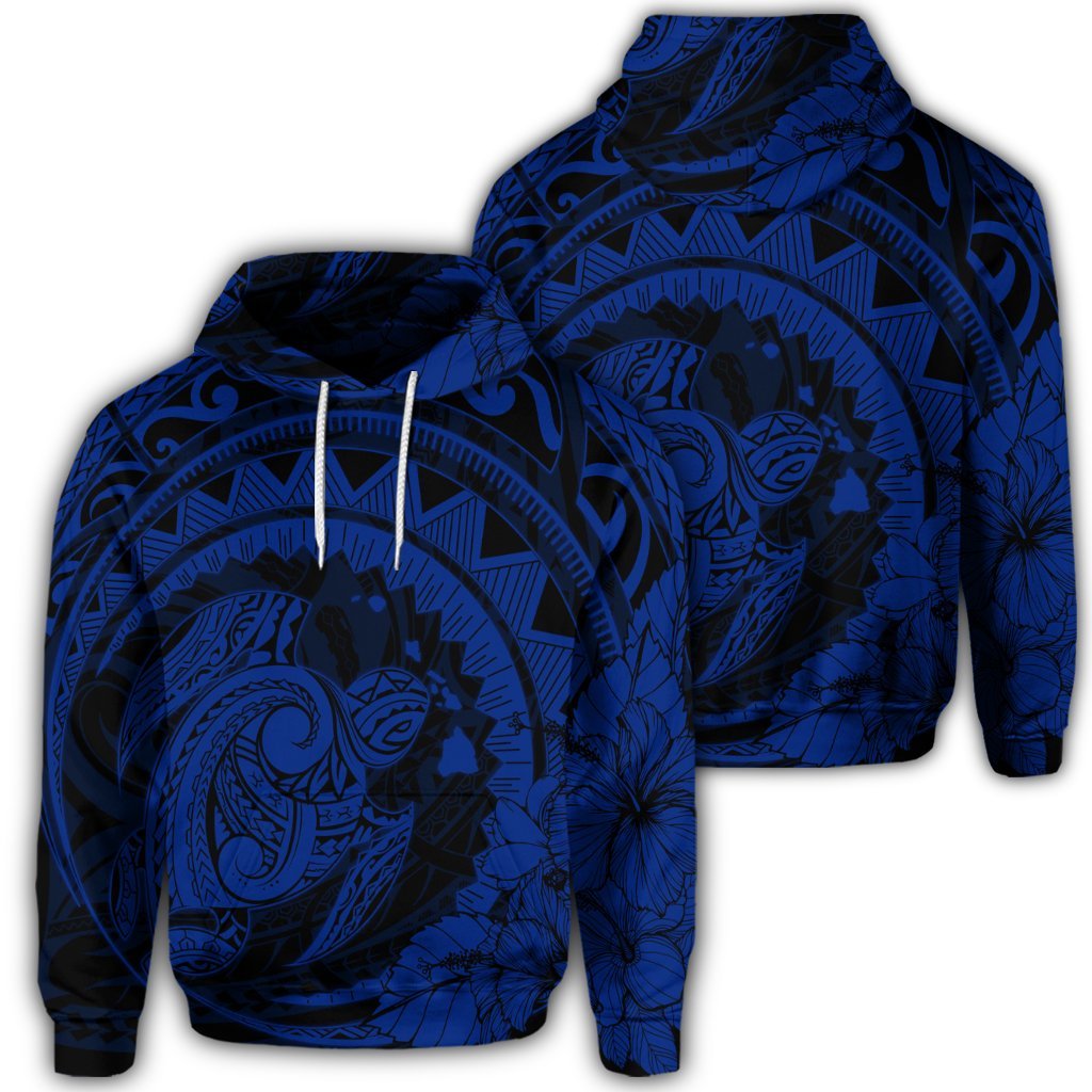 Hawaiian Kanaka Honu Map Hibiscus Globular Polynesian Blue Hoodie Unisex Art - Polynesian Pride