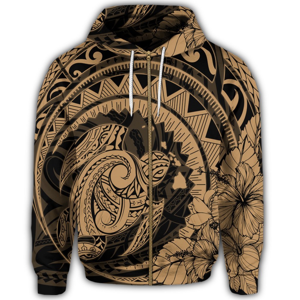 Hawaiian Kanaka Honu Map Hibiscus Globular Polynesian Gold Zip Hoodie - Polynesian Pride
