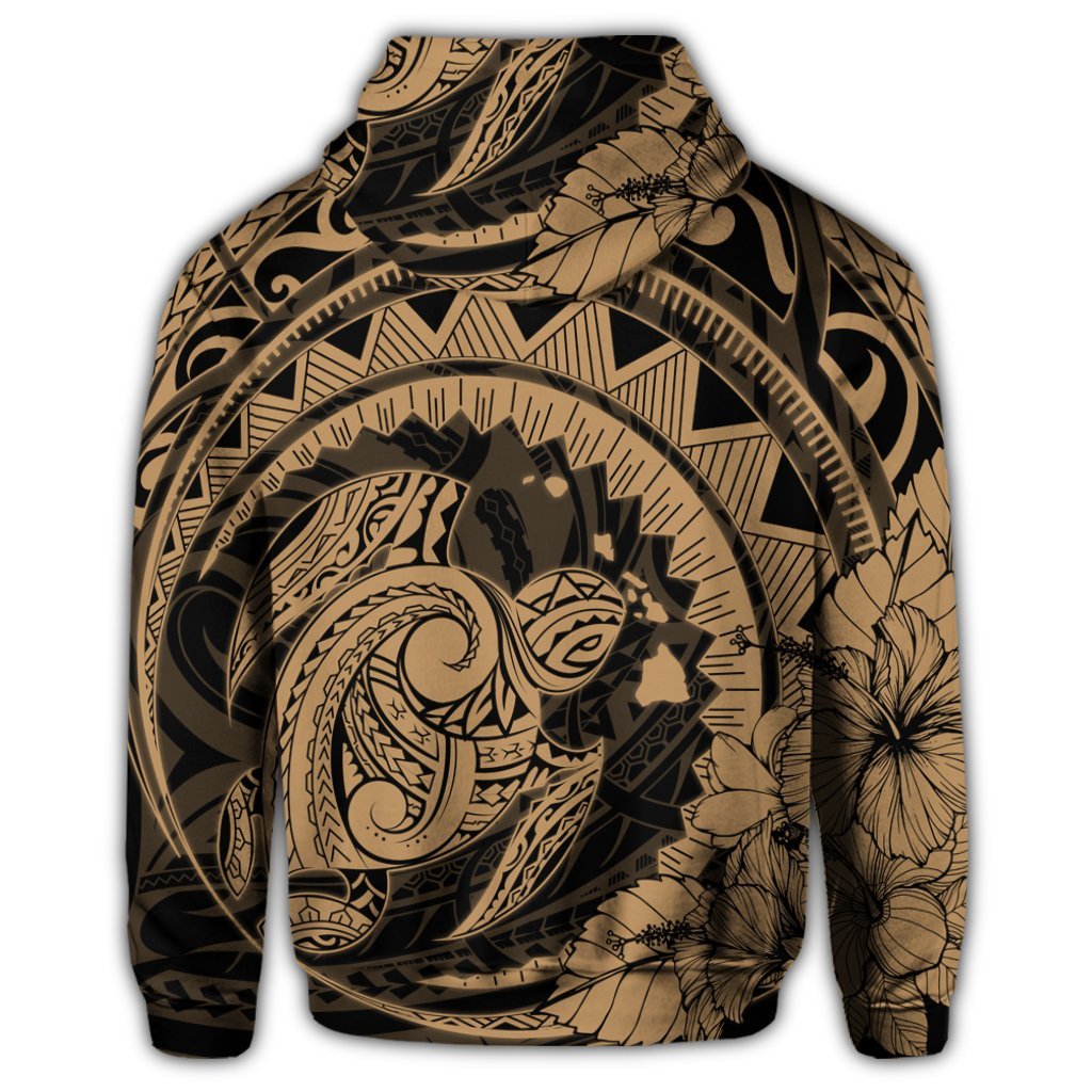 Hawaiian Kanaka Honu Map Hibiscus Globular Polynesian Gold Zip Hoodie - Polynesian Pride