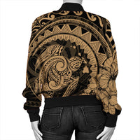 Hawaiian Kanaka Honu Map Hibiscus Globular Polynesian Gold Bomber Jacket - AH - Polynesian Pride