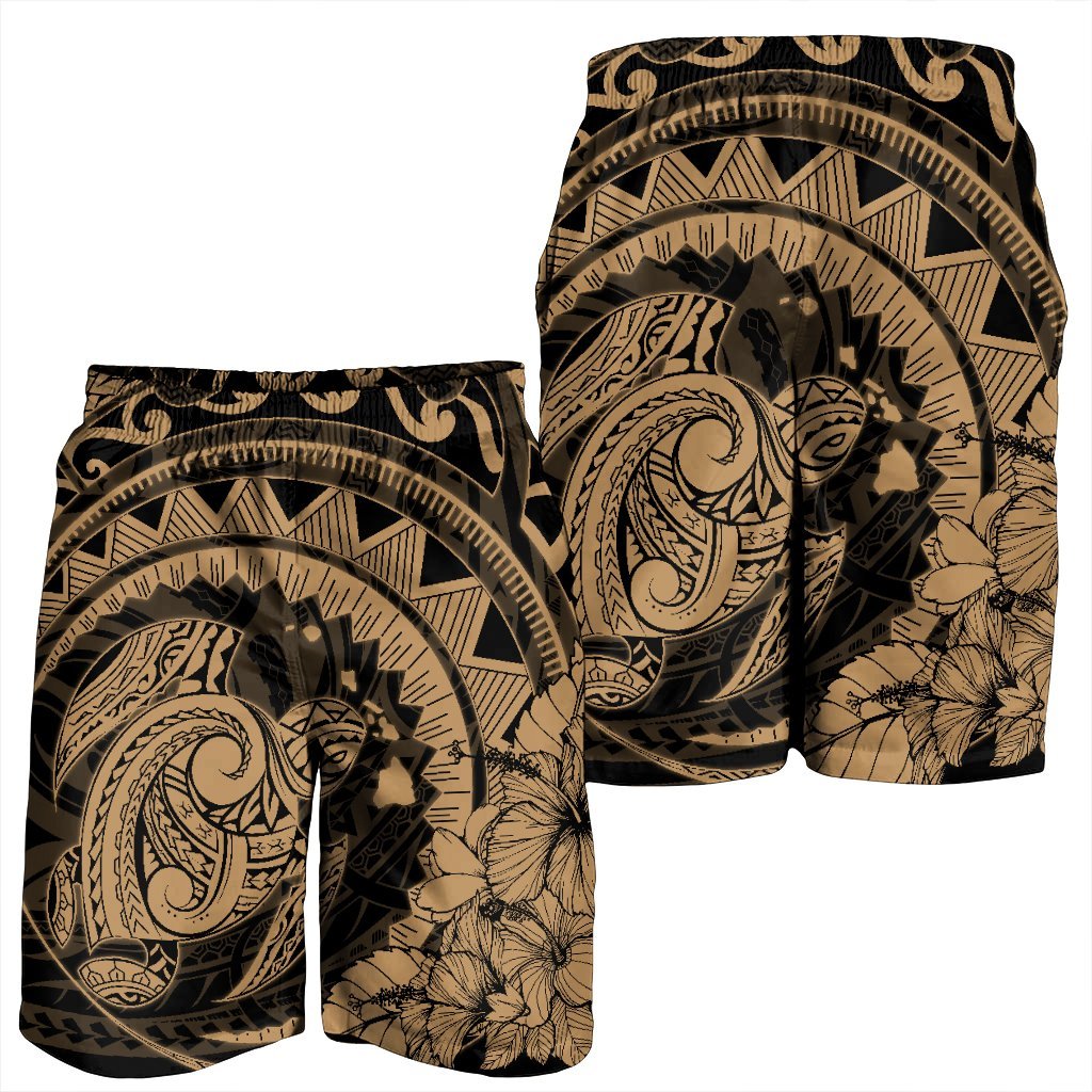 Hawaiian Kanaka Honu Map Hibiscus Globular Polynesian Gold Men's Shorts - AH - Polynesian Pride