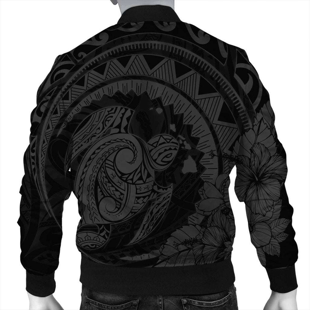 Hawaiian Kanaka Honu Map Hibiscus Globular Polynesian Gray Bomber Jacket - AH - Polynesian Pride