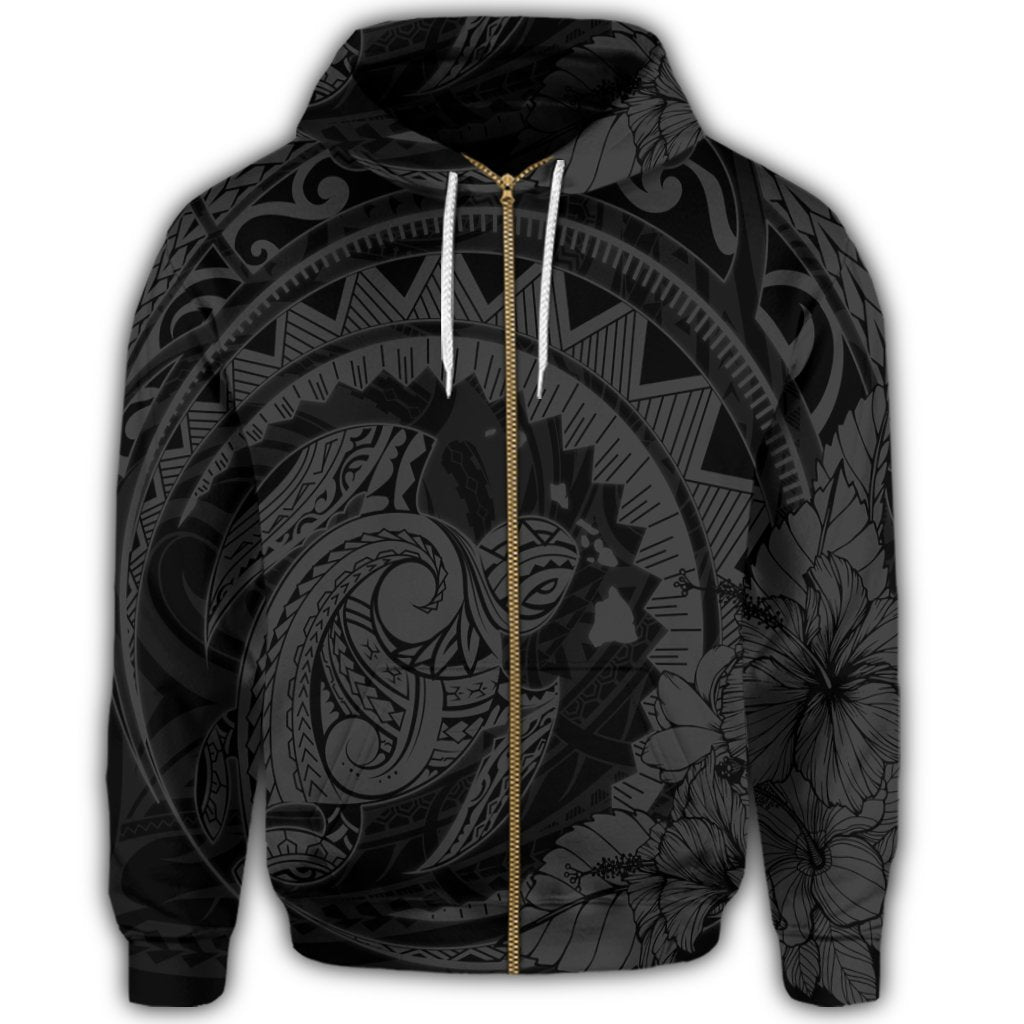 Hawaiian Kanaka Honu Map Hibiscus Globular Polynesian Gray Zip Hoodie - Polynesian Pride