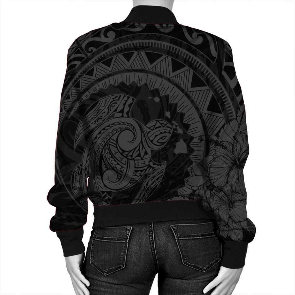 Hawaiian Kanaka Honu Map Hibiscus Globular Polynesian Gray Bomber Jacket - AH - Polynesian Pride